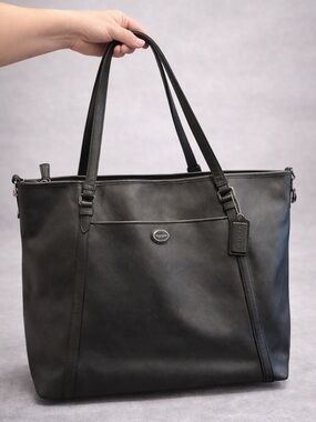 Coach Black Leather Tote Shoulder Bag Work Laptop Classic Minimal Everyday